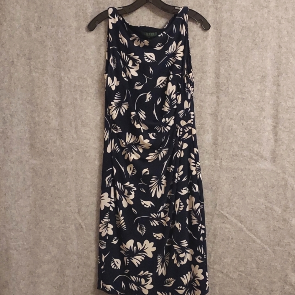 Lauren Ralph Lauren Dress Navy Blue and White Sleeveless Sheath
